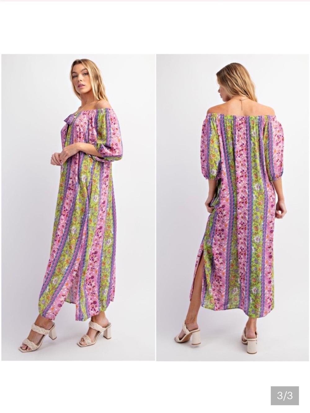 Easel- Off-Shoulder Pink Floral Stripe Maxi Dress oversized S  can fit a medium